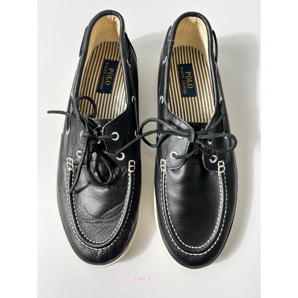 Polo Ralph Lauren Boat Shoes Mens 10 Black Leather Bienne Deck Shoes Classic